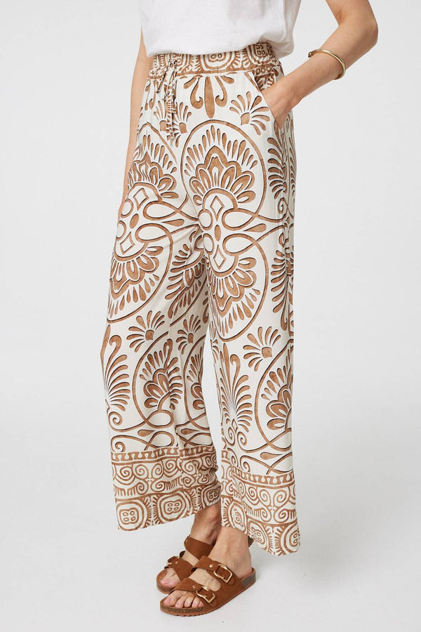 Beige | Printed High Waist Wide Leg Trousers