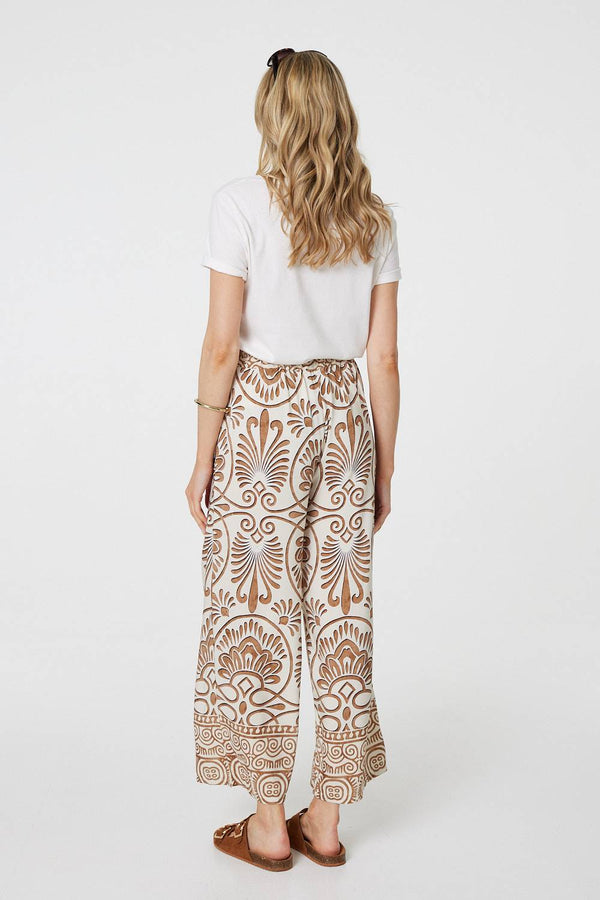 Beige | Printed High Waist Wide Leg Trousers