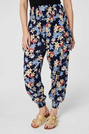 Navy | Floral Tie Pocket Harem Pants