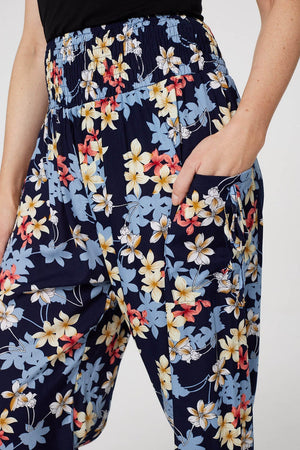 Navy | Floral Tie Pocket Harem Pants