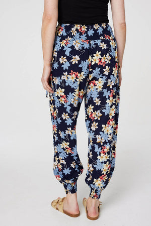 Navy | Floral Tie Pocket Harem Pants