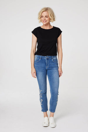 Blue | Embroidered Mid Rise Skinny Jeans