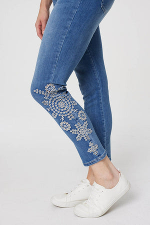 Blue | Embroidered Mid Rise Skinny Jeans
