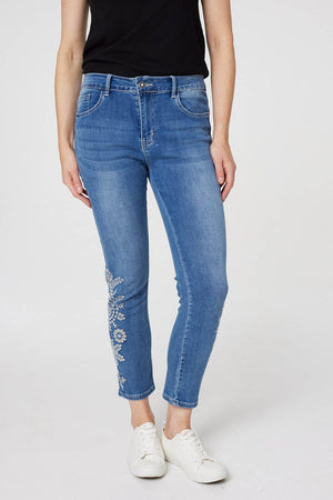 Blue | Embroidered Mid Rise Skinny Jeans