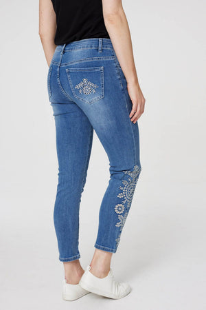 Blue | Embroidered Mid Rise Skinny Jeans