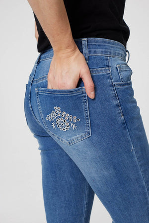 Blue | Embroidered Mid Rise Skinny Jeans