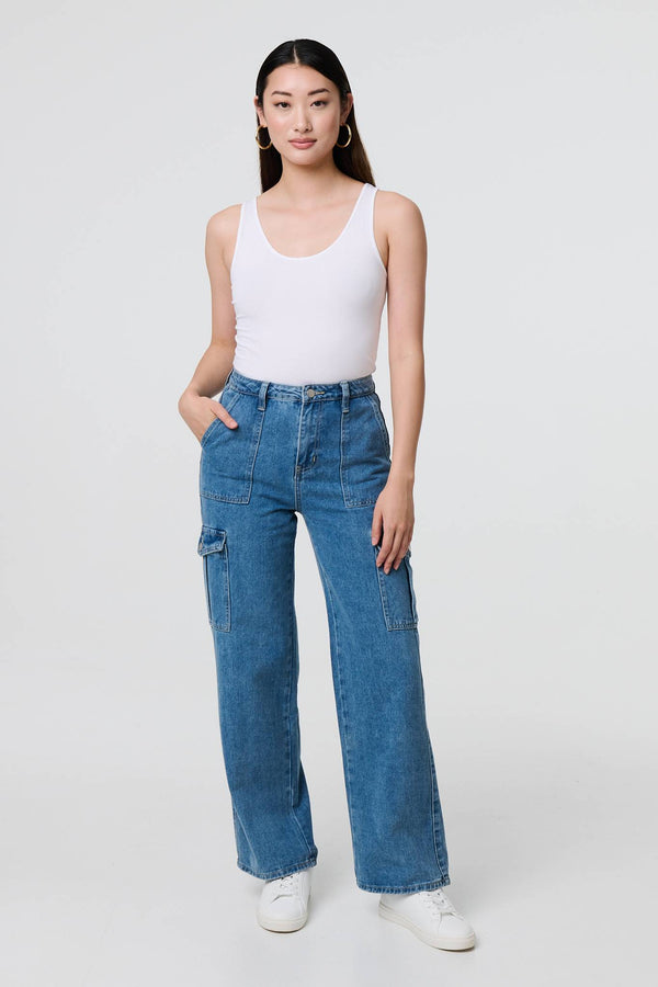 Blue | High Waist Denim Cargo Jeans
