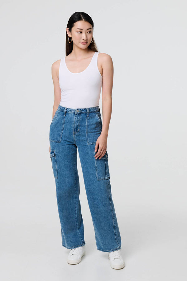 Blue | High Waist Denim Cargo Jeans
