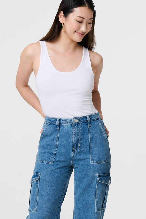Blue | High Waist Denim Cargo Jeans
