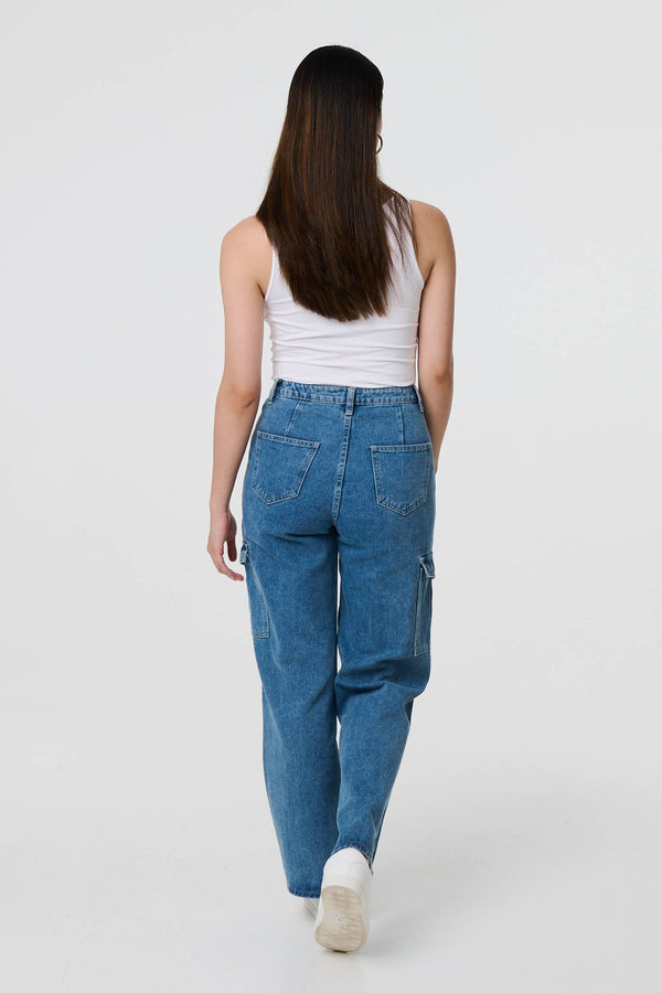 Blue | High Waist Denim Cargo Jeans
