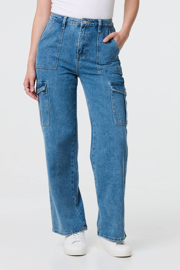 Blue | High Waist Denim Cargo Jeans
