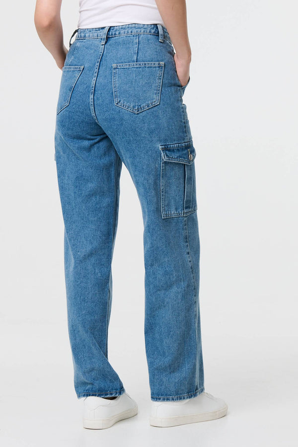 Blue | High Waist Denim Cargo Jeans
