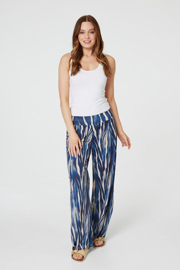 Navy | Printed Wide Leg Pull On Pants