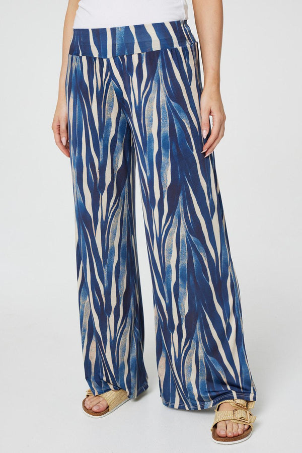 Navy | Printed Wide Leg Pull On Pants