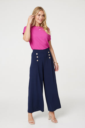 Navy | Button Detail Wide Leg Trousers