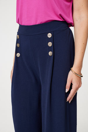 Navy | Button Detail Wide Leg Trousers