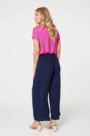 Navy | Button Detail Wide Leg Trousers