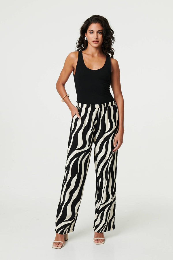 Black | Zebra Print Wide Leg Relaxed Trousers
