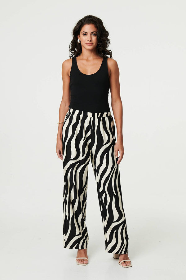 Black | Zebra Print Wide Leg Relaxed Trousers
