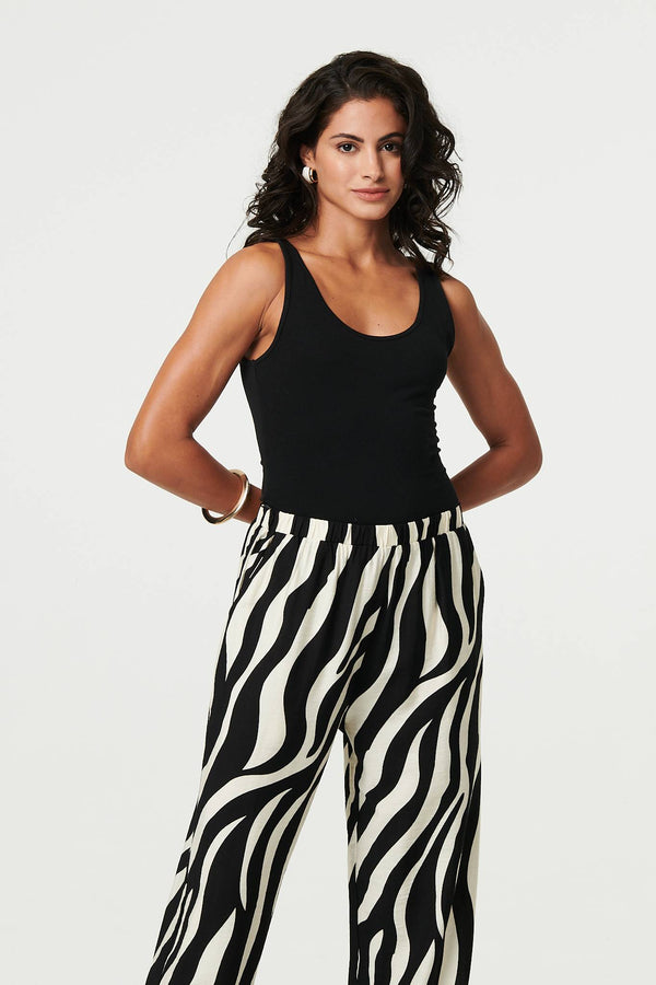 Black | Zebra Print Wide Leg Relaxed Trousers
