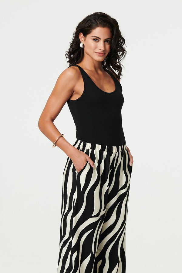 Black | Zebra Print Wide Leg Relaxed Trousers
