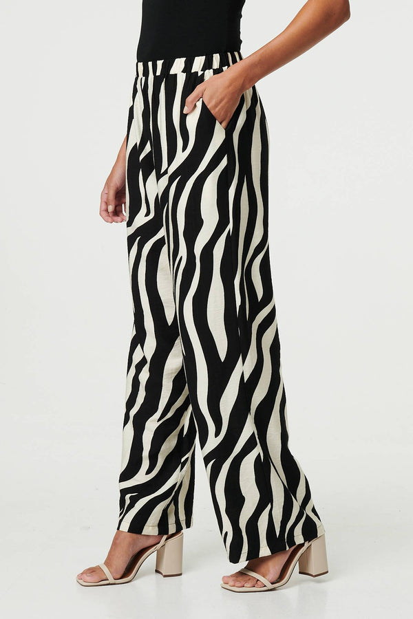 Black | Zebra Print Wide Leg Relaxed Trousers
