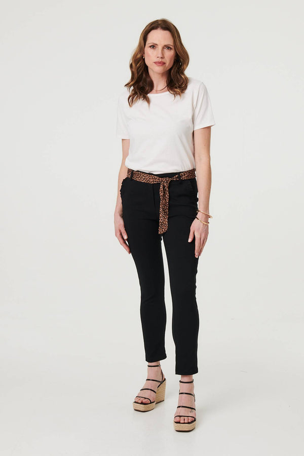 Black | Mid Rise Straight Trousers with Belt : Model is 5'9"/175 cm and wears UK10/EU38/US6/AUS10
