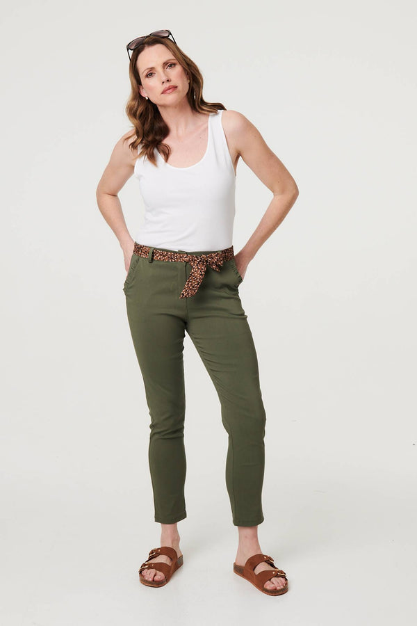 Khaki | Mid Rise Straight Trousers with Belt : Model is 5'9"/175 cm and wears UK10/EU38/US6/AUS10
