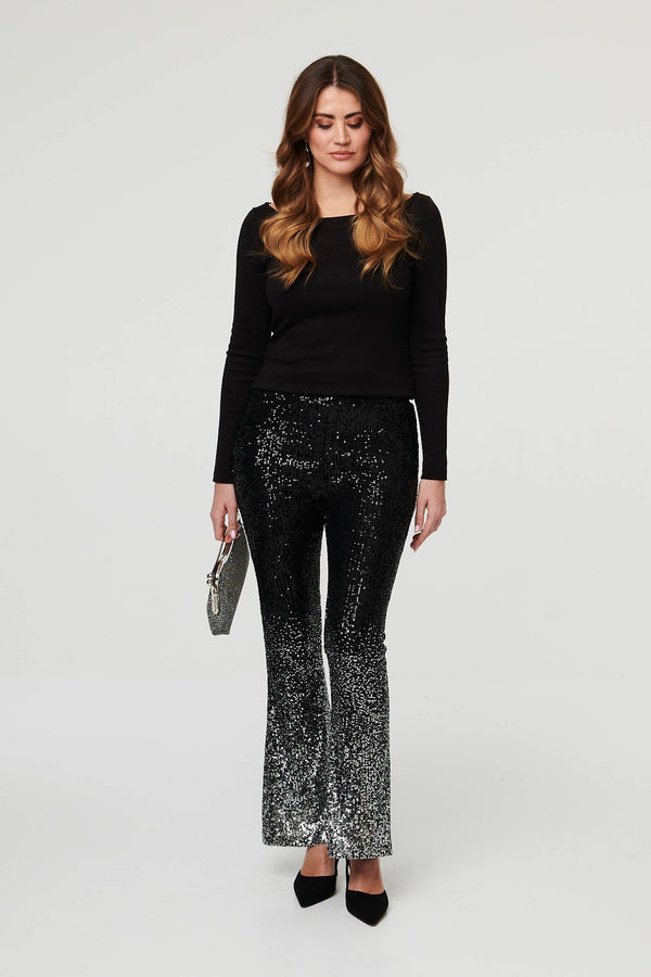 Black | Sparkly Sequin High Waist Flare Trousers
