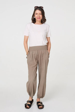 Beige | Elasticated High Waist Loose Trousers
