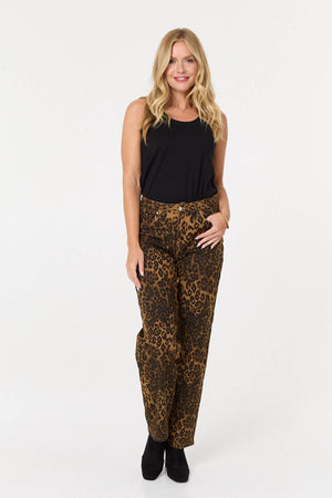 Brown | Animal Print High Waist Wide Leg Jeans : Model is 5'10