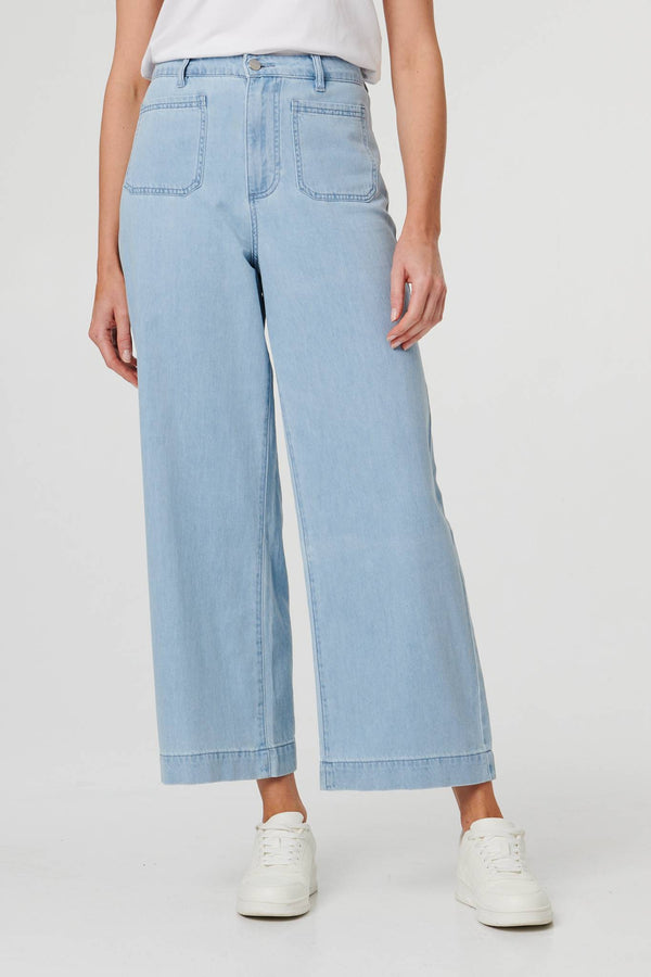 Blue | High Waist Pocket Detail Wide Jeans
