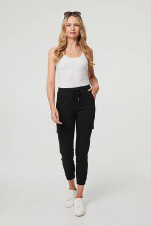 Black | High Waist Slim Fit Cropped Cargo Pants
