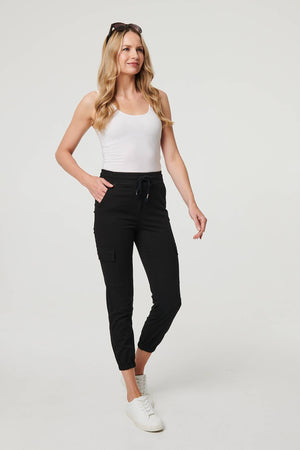 Black | High Waist Slim Fit Cropped Cargo Pants
