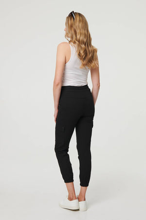 Black | High Waist Slim Fit Cropped Cargo Pants
