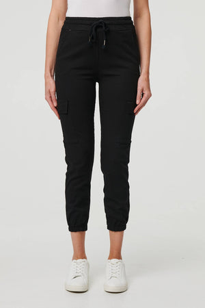 Black | High Waist Slim Fit Cropped Cargo Pants
