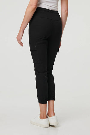 Black | High Waist Slim Fit Cropped Cargo Pants
