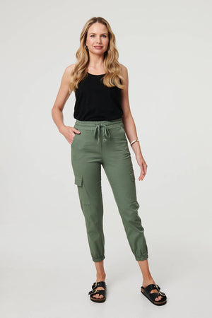 Khaki | High Waist Slim Fit Cropped Cargo Pants
