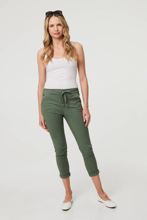 Khaki | Tie Waist Slim Cropped Trousers
