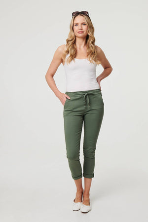 Khaki | Tie Waist Slim Cropped Trousers
