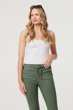 Khaki | Tie Waist Slim Cropped Trousers
