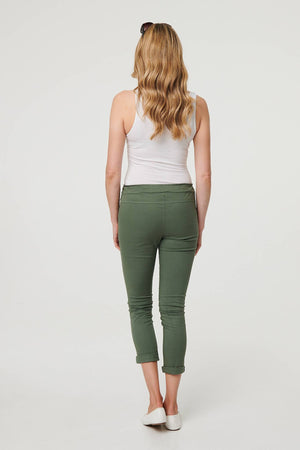 Khaki | Tie Waist Slim Cropped Trousers
