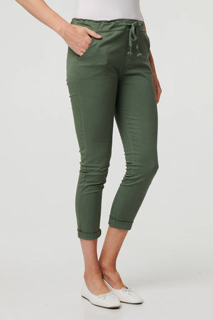 Khaki | Tie Waist Slim Cropped Trousers
