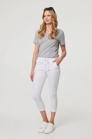 White | Tie Waist Slim Cropped Trousers
