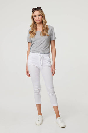 White | Tie Waist Slim Cropped Trousers
