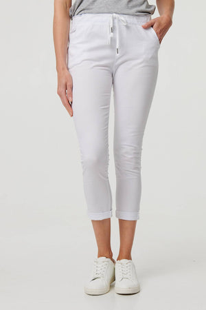 White | Tie Waist Slim Cropped Trousers
