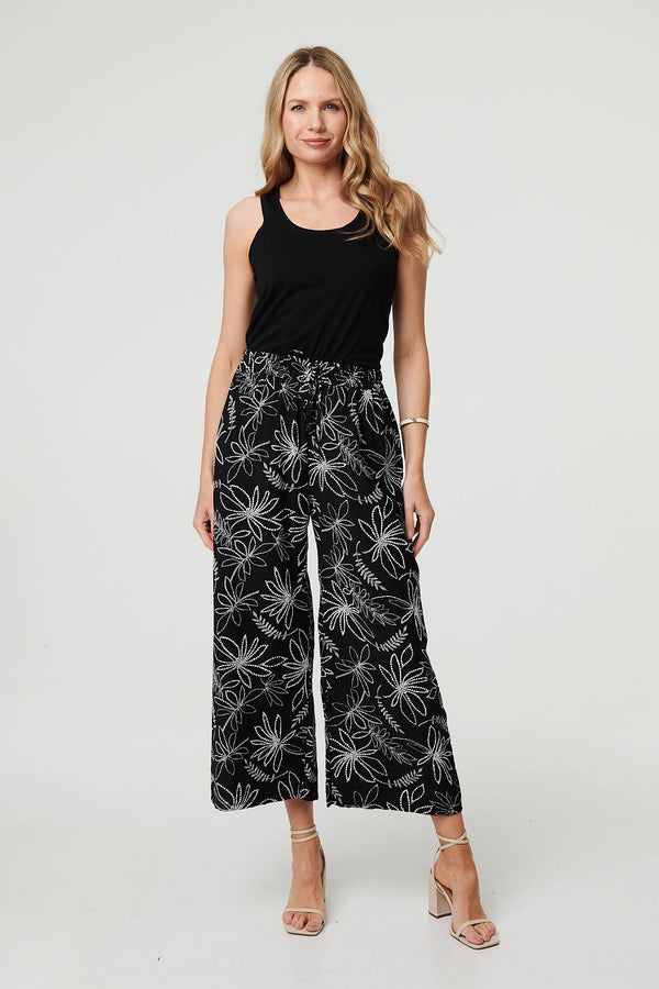 Black | Floral High Waist Wide Leg Trousers
