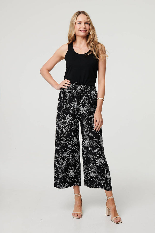 Black | Floral High Waist Wide Leg Trousers
