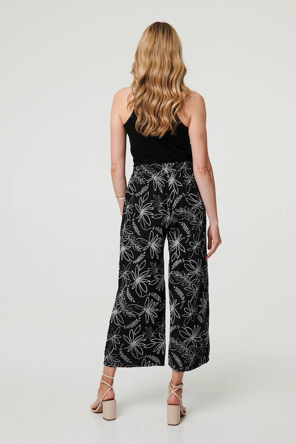 Black | Floral High Waist Wide Leg Trousers
