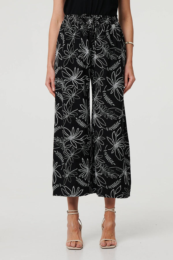 Black | Floral High Waist Wide Leg Trousers
